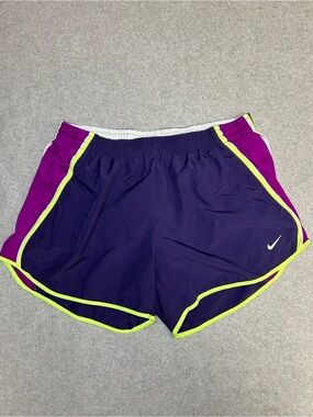 Nike Women's Purple & Magenta Athletic Shorts with Neon Yellow Trim Medium